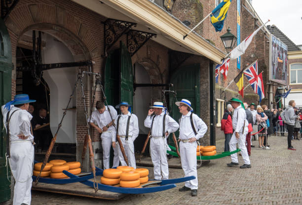 Carriers walking with many cheeses in the famous Dutch cheese market in Alkmaar Alkmaar, Netherlands - April 21, 2017: Carriers walking with many cheeses in the famous Dutch cheese market in Alkmaar, The Netherlands. The event happens in the Waagplein square. cheese dutch culture cheese making people stock pictures, royalty-free photos & images