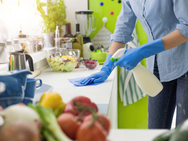 istock Woman cleaning with a spray detergent 1213699641