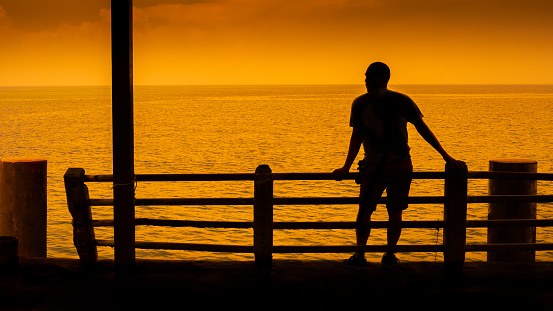 Rear view of a man standing at the beach and looking the sea during the sunset.