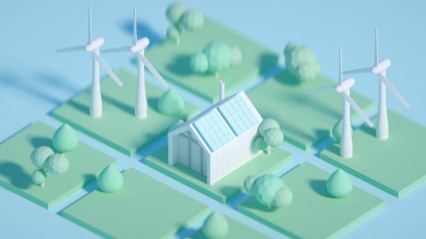 istock ecological environment concept. 3d rendered illustration of low poly passive house with solar panels and wind mills 1213701540
