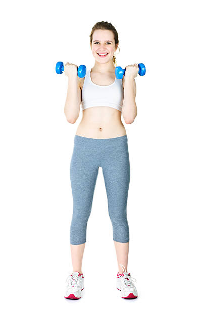 istock Happy active girl holding weights 121370168