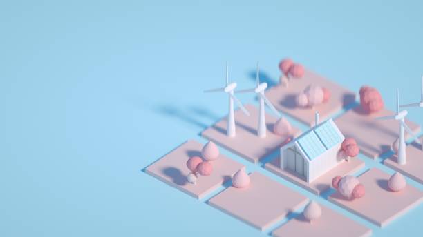 istock ecological environment concept. 3d rendered illustration of low poly passive house with solar panels and wind mills 1213701689