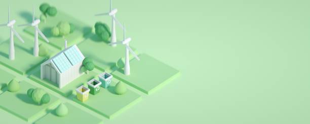 istock ecological environment concept. 3d rendered illustration of low poly passive house with solar panels, recycle cans and wind mills 1213701702