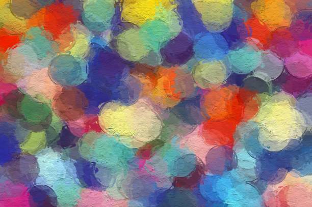 Multicolored polka dot pattern on paper drawing background. Colored pencil sketch. Hand painted quaint circles.