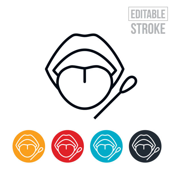 Mouth Swab Thin Line Icon - Editable Stroke An icon a mouth with tongue out and being swabbed. The icon includes editable strokes or outlines using the EPS vector file. Saliva stock illustrations