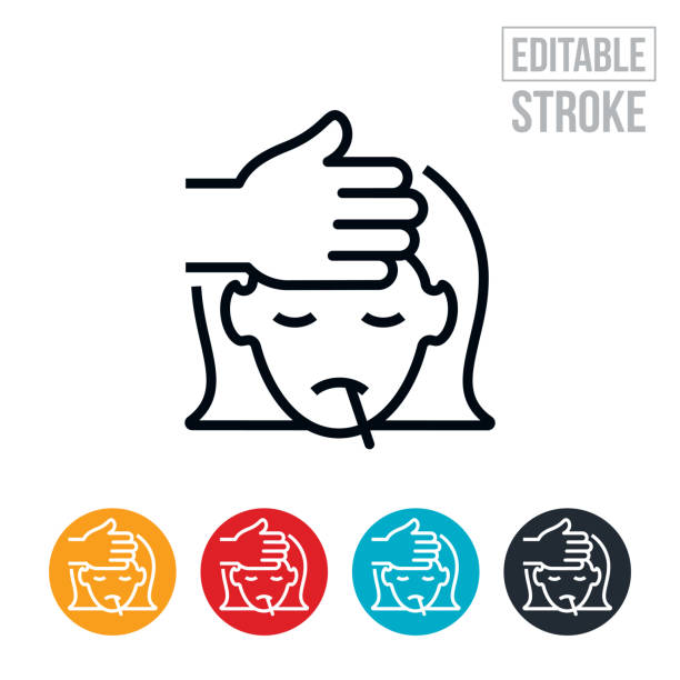 Child With Fever Thin Line Icon - Editable Stroke An icon of sick child with a fever and thermometer and a persons hand feeling her forehead. The icon includes editable strokes or outlines using the EPS vector file. fever stock illustrations