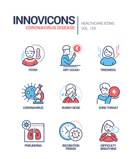 Coronavirus disease - line design style icons set Coronavirus disease - line design style icons set. Fever, dry cough, tiredness, coronavirus, runny nose, sore throat, pneumonia, incubation period, difficulty breathing virus symptoms symptoms stock illustrations