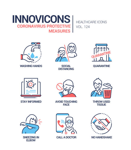 illustrations, cliparts, dessins animés et icônes de mesures de protection du coronavirus - icônes de style de conception de ligne - telephone communication human hand red