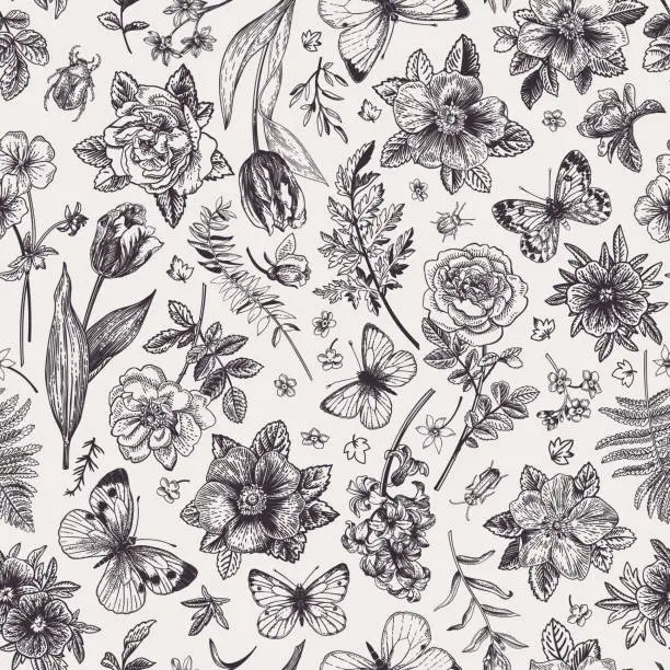 Vector illustration of Seamless floral pattern with  butterflies.