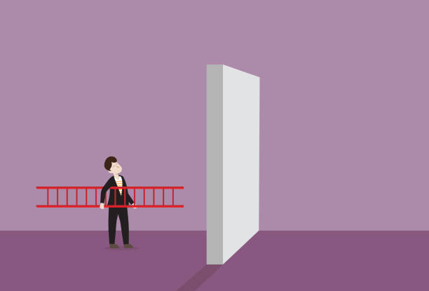 ilustraciones, imágenes clip art, dibujos animados e iconos de stock de el hombre de negocios usa una escalera a través de una pared - gear tall solution people