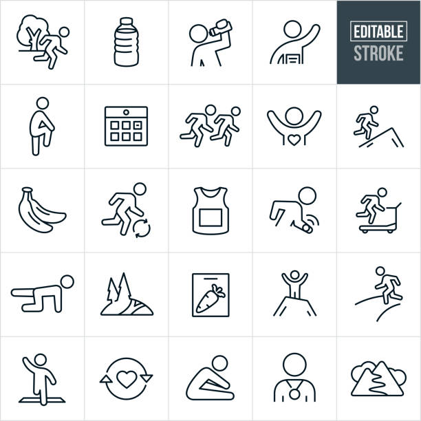 trail and road running thin line icons - bearbeitbarer hub - computer icon symbol water bottle icon set stock-grafiken, -clipart, -cartoons und -symbole