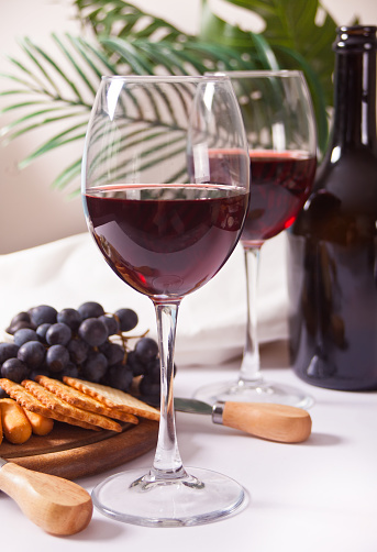 Two glass of red wine and plate with assorted cheese, fruit and other snacks for party.