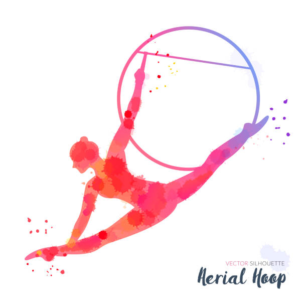 Silhouettes of a gymnast in the aerial hoop. Vector watercolor illustration on a white background. Air gymnastics concept Silhouettes of a gymnast in the aerial hoop. Vector watercolor illustration on a white background. Air gymnastics concept school sport high up tall stock illustrations