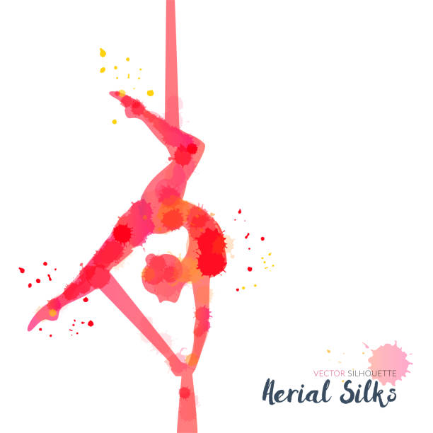 Silhouettes of a gymnast in the aerial silks. Vector watercolor illustration on a white background. Air gymnastics concept Silhouettes of a gymnast in the aerial silks. Vector watercolor illustration on a white background. Air gymnastics concept school sport high up tall stock illustrations