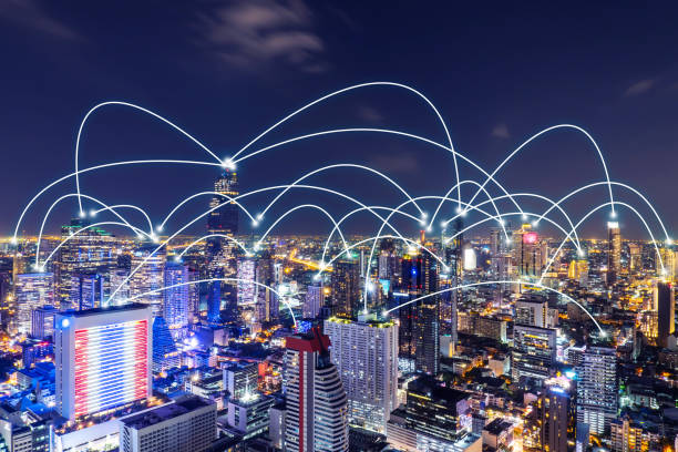 istock Beautiful panorama cityscape with network and connection technology concept, internet globalization concept 1213712330