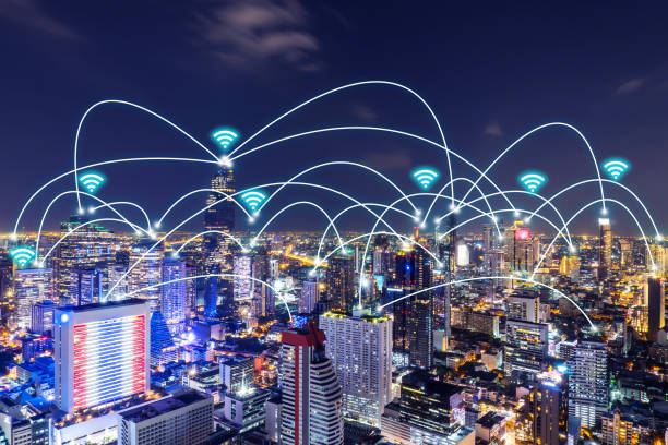 istock Beautiful panorama cityscape with wifi network and connection technology concept, internet globalization concept 1213712331