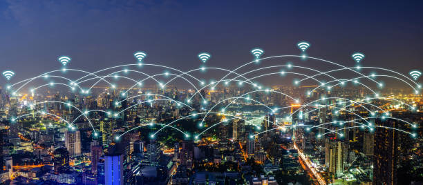 istock Beautiful panorama cityscape with wifi network and connection technology concept, internet globalization concept 1213712376
