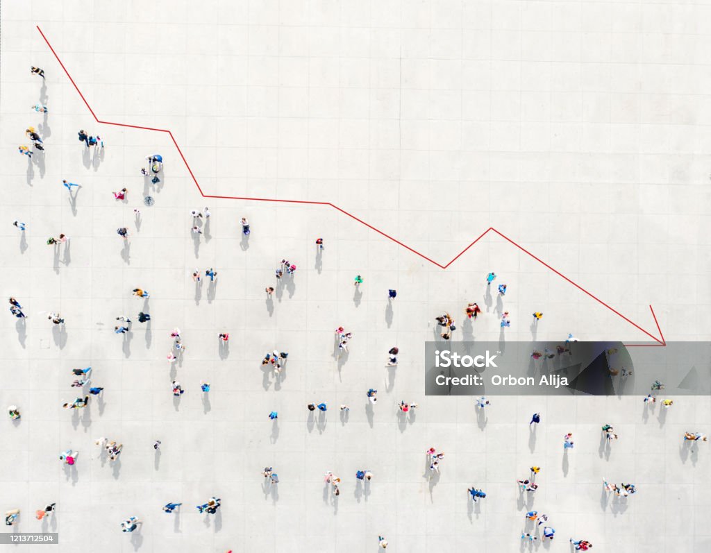 Crowd from above forming a falling chart Crowd from above forming a falling chart showing unemployment Unemployment Stock Photo