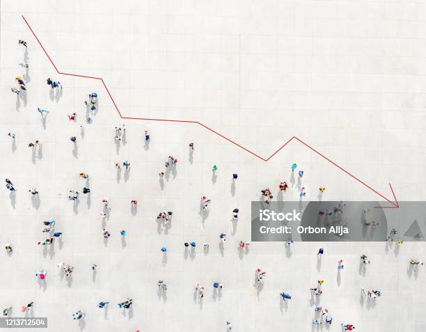 Crowd From Above Forming A Falling Chart Stock Photo - Download Image Now - Unemployment, Economy, Graph