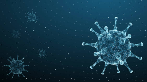 코로나 바이러스 3d 다각형 텍스트. 파란색 배경에 바이러스 감염 전염병 배너. 벡터 헬스케어 코로나바이러스 일러스트 - virus stock illustrations