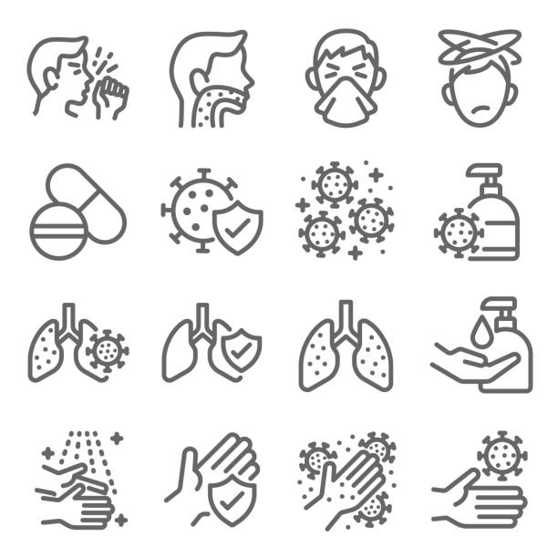 Flu disease prevention icon set vector illustration. Contains such icon as clean, cold symptoms, mask, hand washing, sore throat and more. Expanded Stroke Flu disease prevention icon set vector illustration. Contains such icon as clean, cold symptoms, mask, hand washing, sore throat and more. Expanded Stroke cold and flu stock illustrations