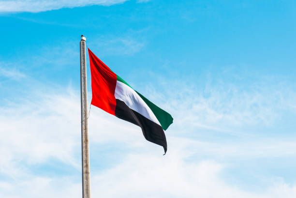 drapeau des émirats arabes unis serpentant dans le vent - flag of the united arab emirates photos et images de collection