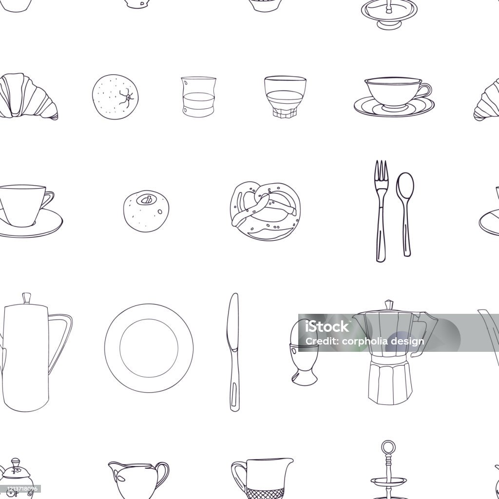Vector Line Art Breakfast Pattern Stock Illustration - Download Image ...
