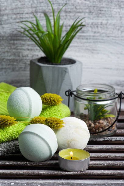 istock Aroma bath bombs, green towels 1213718173