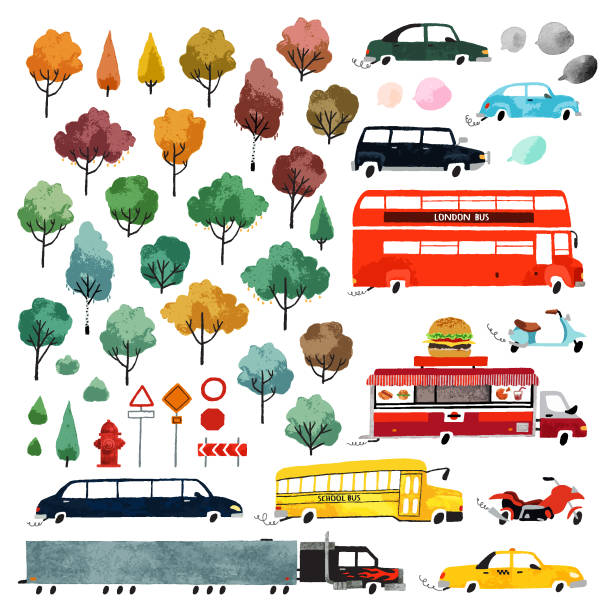 illustrazioni stock, clip art, cartoni animati e icone di tendenza di set di auto vettoriali e alberi - truck grunge drawing illustration and painting