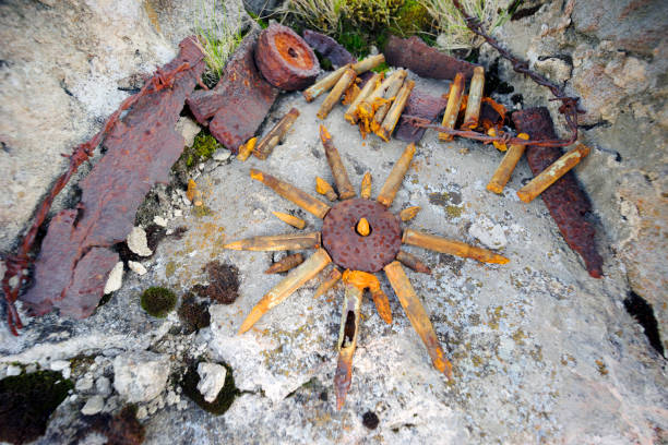 istock Rusty fragments, bullets in a dugout 1213723959
