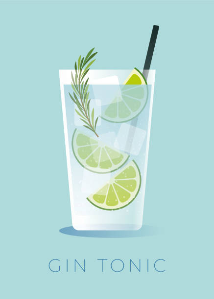 ilustraciones, imágenes clip art, dibujos animados e iconos de stock de cóctel gin tonic con cuña de lima. - ginebra