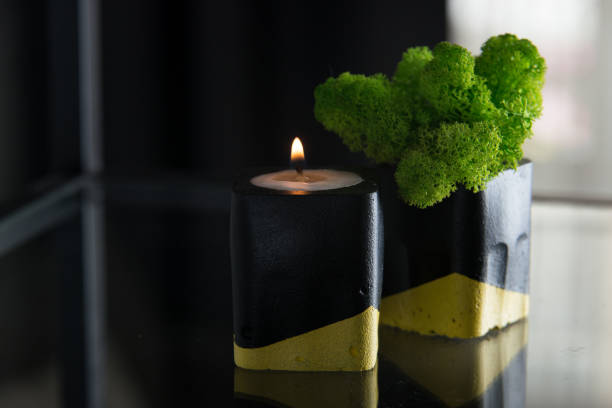 istock candle and moss in black and yellow concrete candle holders 1213728873