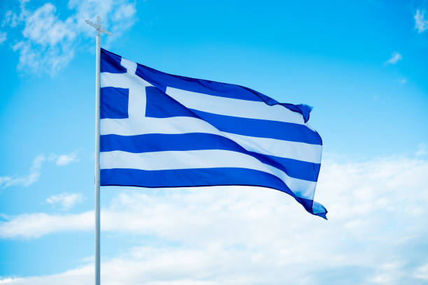istock Greek flag in the sky 1213728891