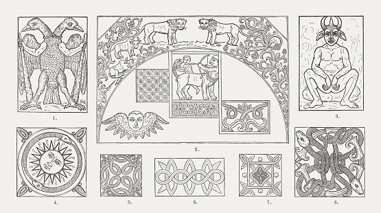 Ornaments from the interior of Ethiopian churches: 1) Double-headed eagle (probably the replica of the coat of arms of the Maria Theresa thaler); 2) Sebeta - fabulous monster (wood carving from the church of Lalibela); Devil; 4 - 8) Ornaments. Wood engravings, published in 1893.