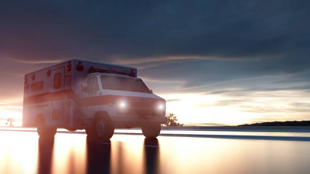 auto ambulanza sulla strada, autostrada. rendering 3d - travel healthcare and medicine emergency services urgency foto e immagini stock