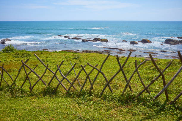 Wooden fence border by a beach.