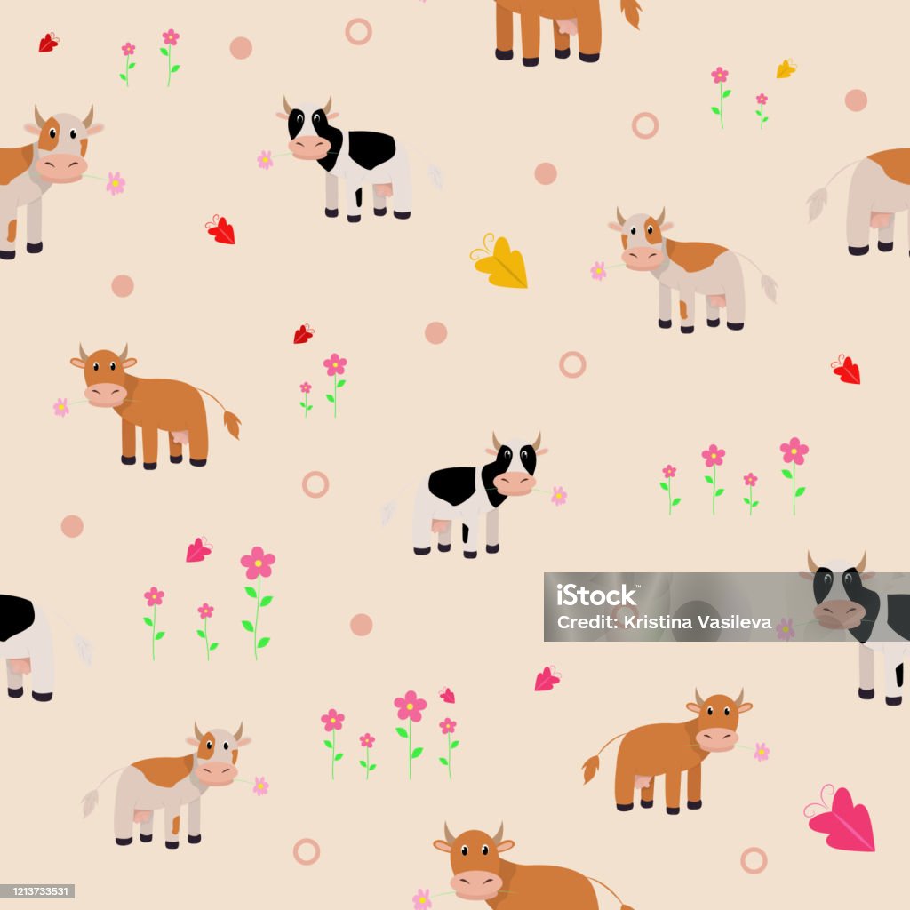 Seamless Pattern With Cute Cow Print For Baby Vector Print With Baby Cow  Stock Illustration - Download Image Now - iStock