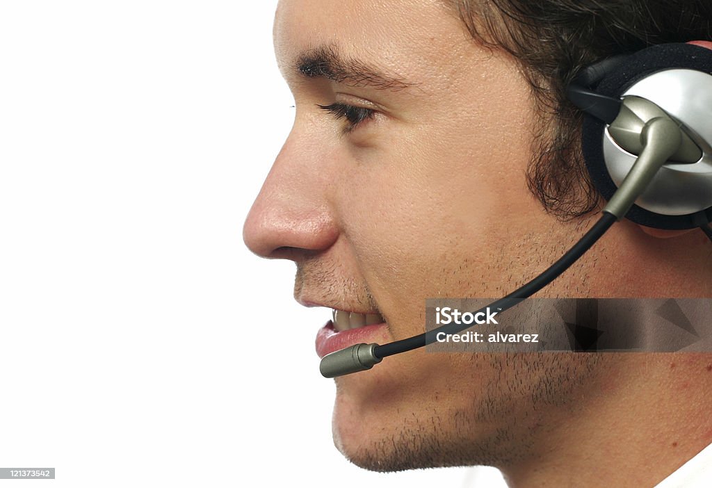 Phone Operator Side picture Young male phone operator Customer Service Representative Stock Photo