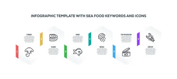 Vector illustration of Infographic design template with sea food keywords and icons