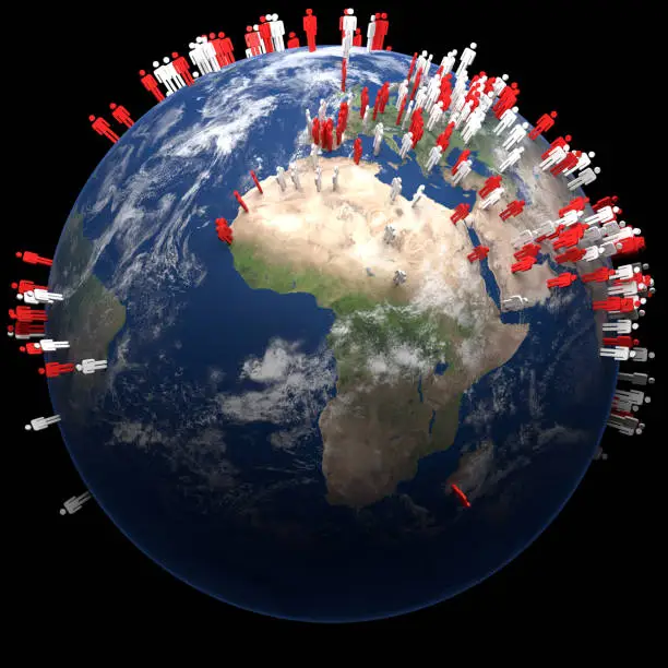 3d rendering of Planet Earth with stylized red and white men over it(elements of this image by Nasa)