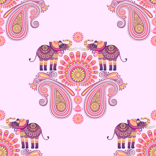 Indian Elephant Decorative image of an elephant and flowers. Ornament stylized under the culture of India. Seamless pattern indian elephant stock illustrations