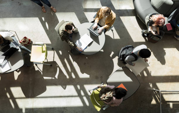 Diverse college students work in busy classroom building lobby A high angle view of a multi-ethnic group of college students working on various projects and homework in the lobby of the classroom building. community college stock pictures, royalty-free photos & images