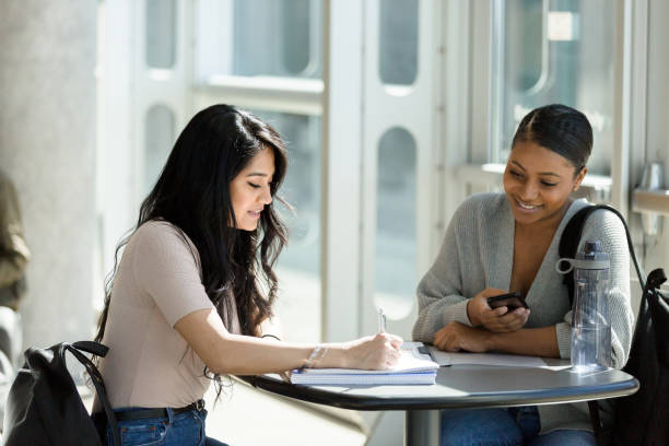 istock Two women meet to study together in sunny lobby 1213739197