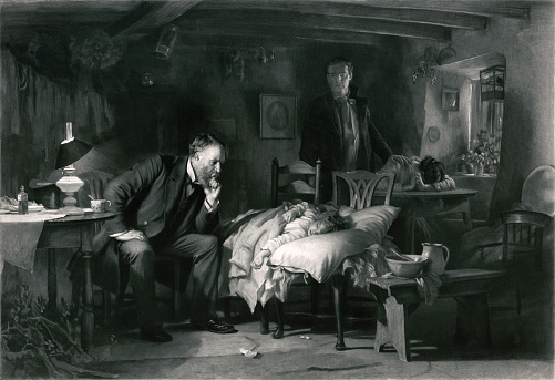 Vintage image features a doctor making a house call for a sick child as the parents watch over in grief.