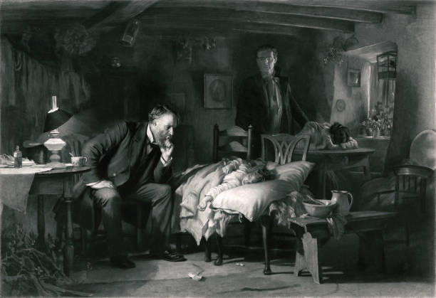 Doctor Makes a House Call Vintage image features a doctor making a house call for a sick child as the parents watch over in grief. cold and flu family stock illustrations