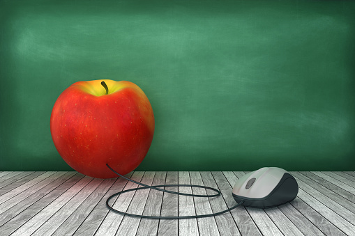 Apple with Computer Mouse on Chalkboard - 3D Rendering