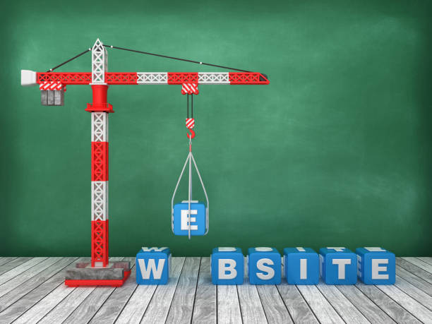 istock Tower Crane with WEBSITE Word on Chalkboard Background - 3D Rendering 1213745010
