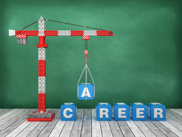istock Tower Crane with CAREER Word on Chalkboard Background - 3D Rendering 1213745098