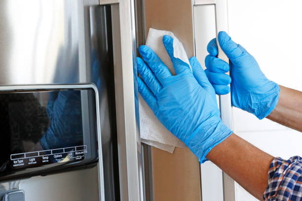 istock Man Cleaning Refrigerator With Disinfectant Wipe 1213746484