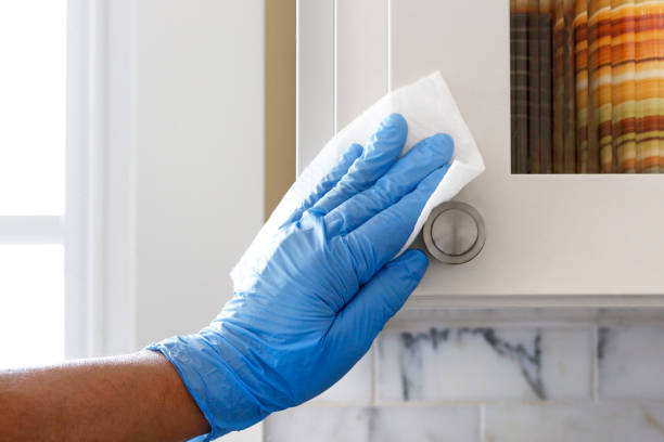 istock Man Cleaning Kitchen Cabinet Door Handle With Disinfectant Wipe 1213746488